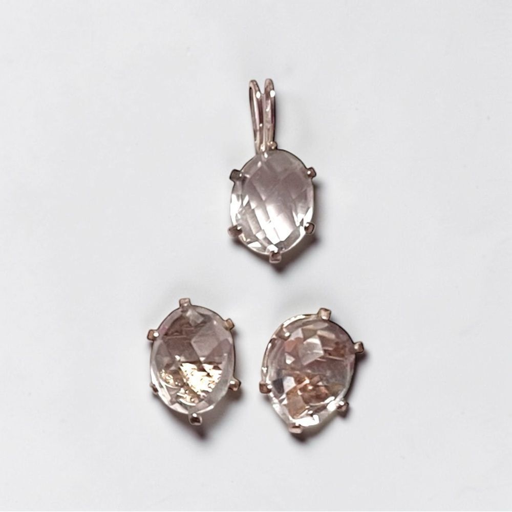 Sterling Silver Oval Pineapple Cut Green Amethyst Pendant and Earring Set